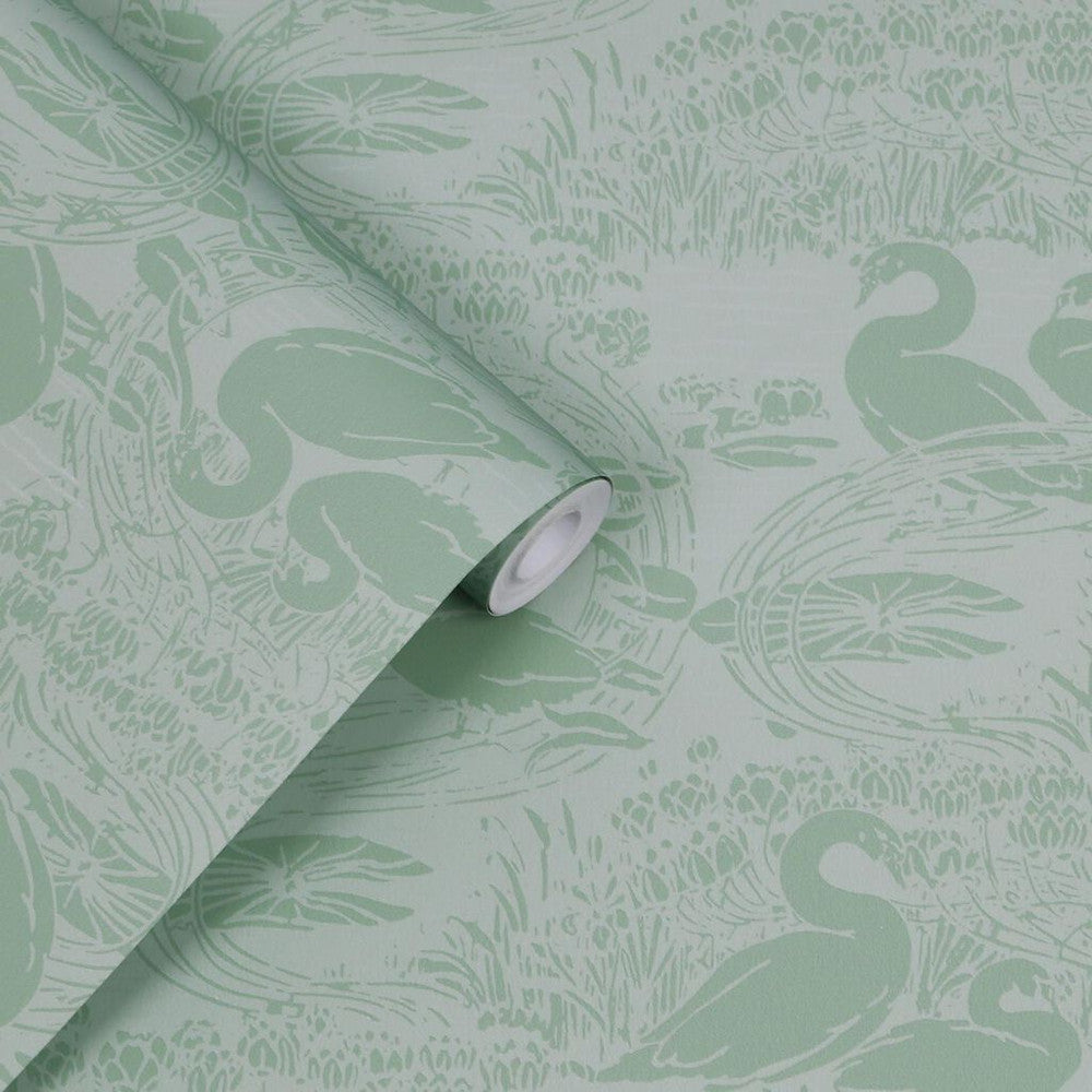 118472 - Swans Wallpaper - Jade Green - Laura Ashley