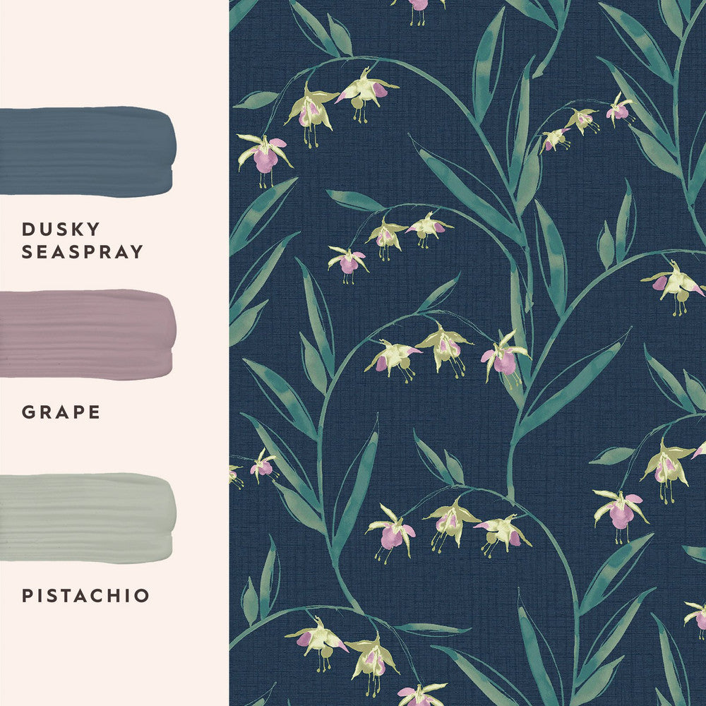127402 - Fulwell Fuchsia Wallpaper - Midnight Seaspray - Laura Ashley