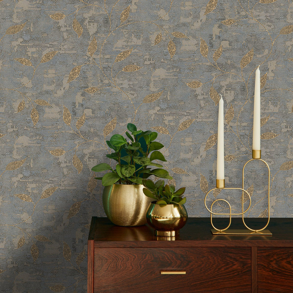 128796 - Ornamental Leaf Wallpaper - Steel & Gold - Boutique Luxury