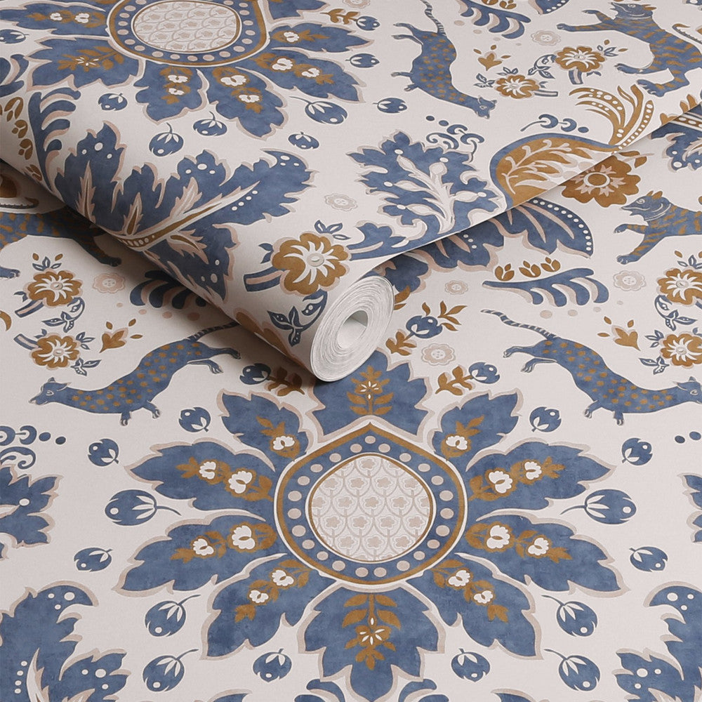 128944 - Animal Damask Wallpaper - Blue & Gold - Joules