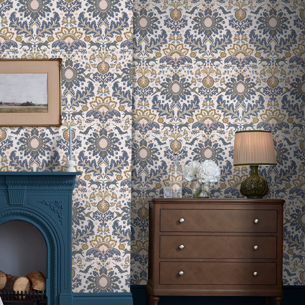 128944 - Animal Damask Wallpaper - Blue & Gold - Joules