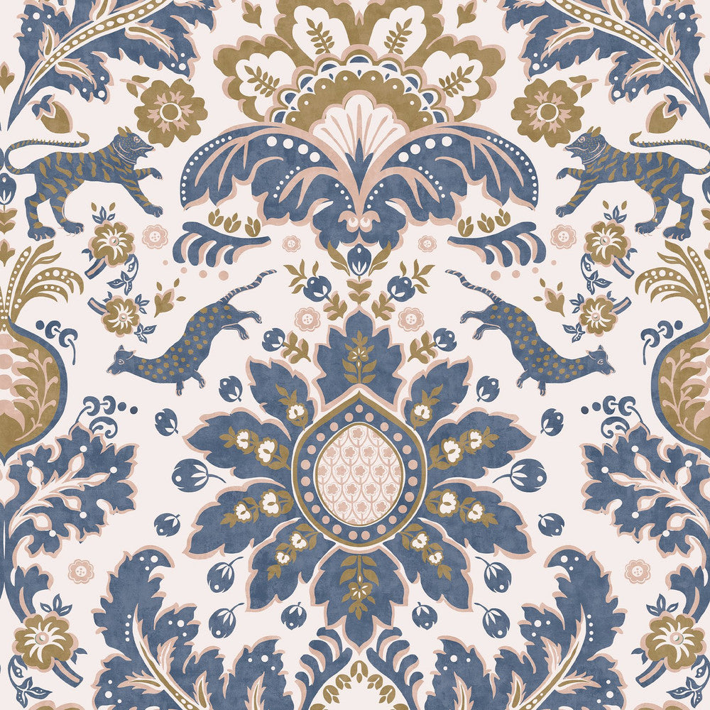 128944 - Animal Damask Wallpaper - Blue & Gold - Joules