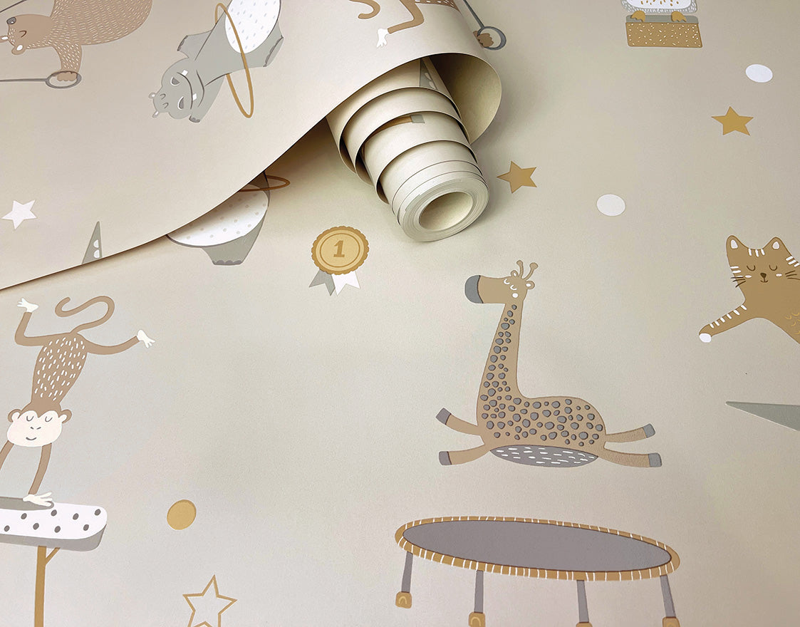 13240 - Animal Gymnastics Wallpaper - Beige - Holden Decor