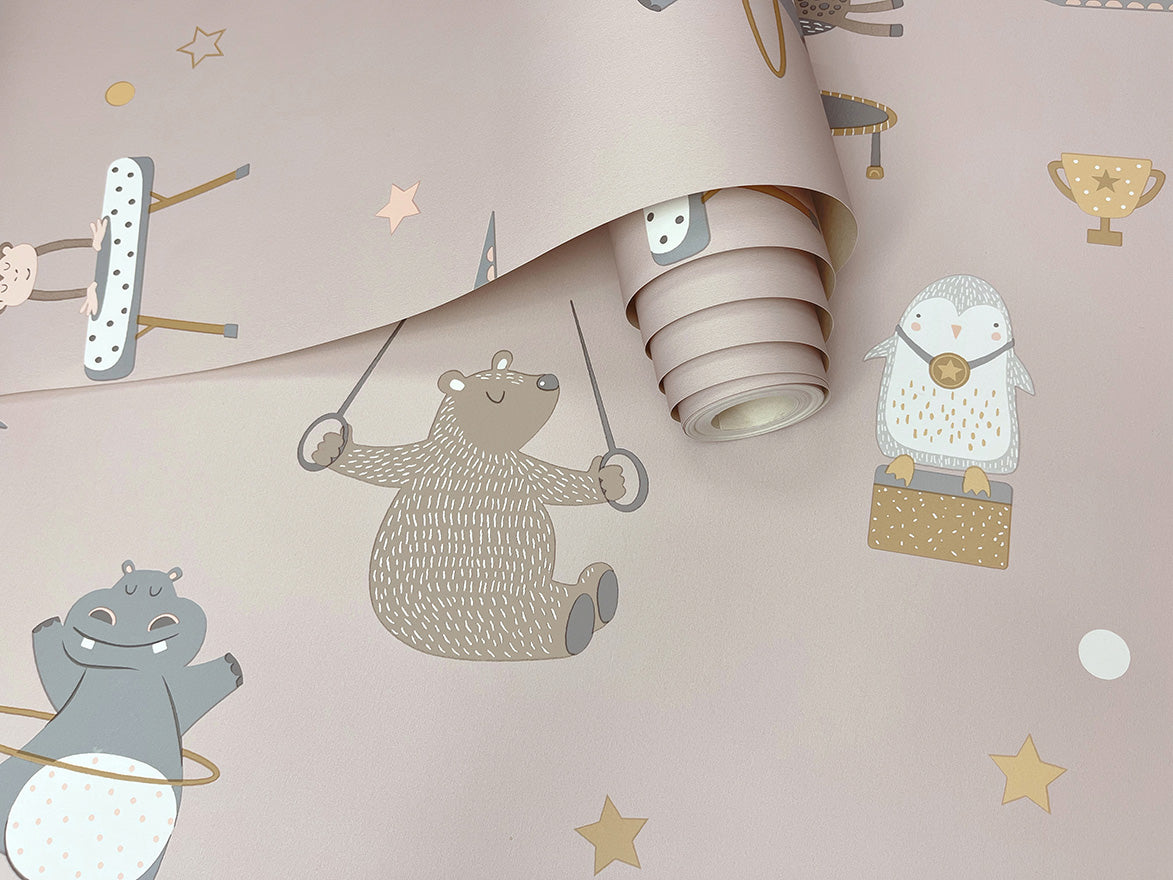 13241 - Animal Gymnastics Wallpaper - Pink - Holden Decor