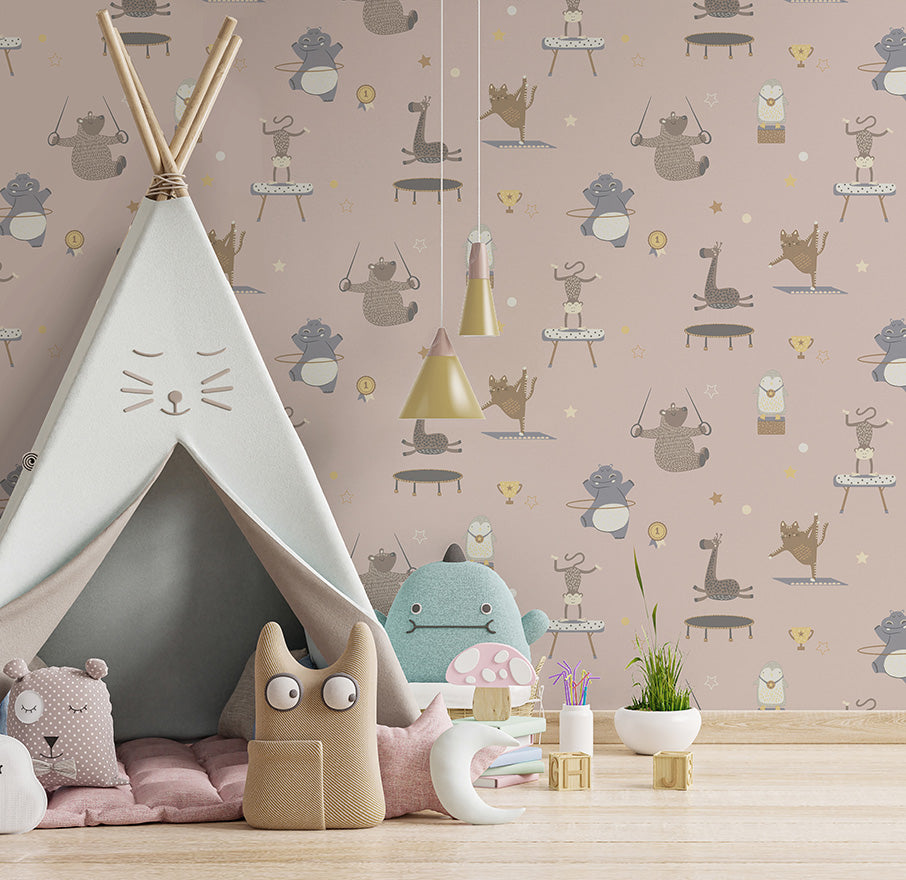 13241 - Animal Gymnastics Wallpaper - Pink - Holden Decor