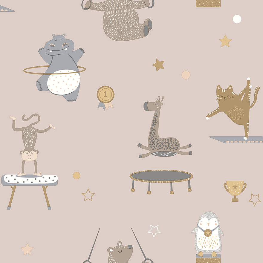 13241 - Animal Gymnastics Wallpaper - Pink - Holden Decor