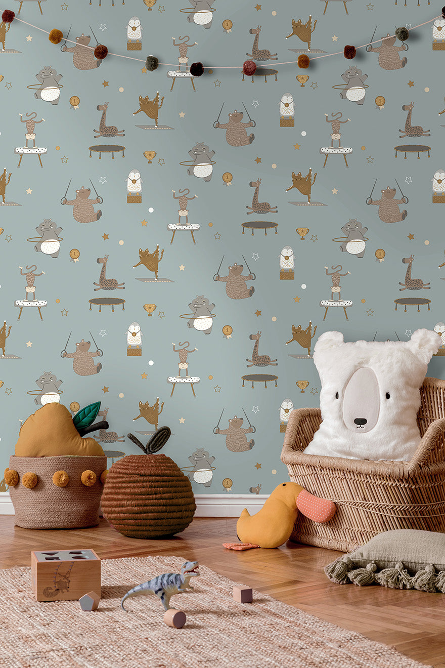 13242 - Animal Gymnastics Wallpaper - Blue - Holden Decor