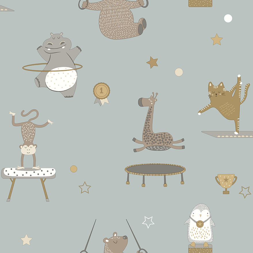 13242 - Animal Gymnastics Wallpaper - Blue - Holden Decor