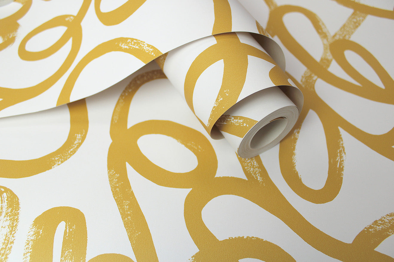 13361 - Squiggle Wallpaper - Ochre/White - Holden Decor