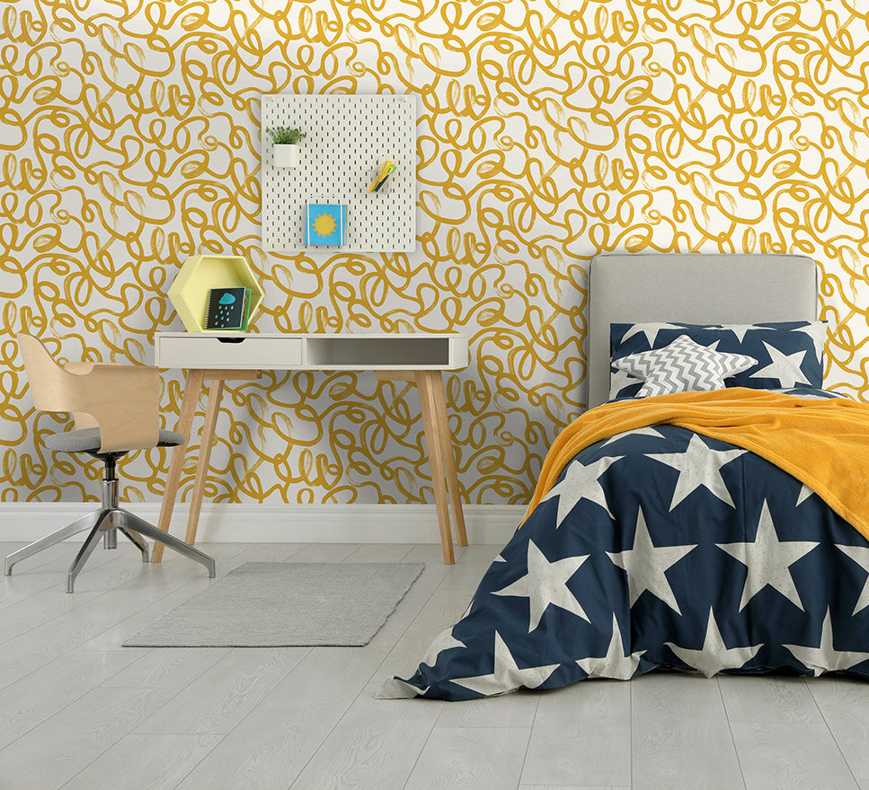 13361 - Squiggle Wallpaper - Ochre/White - Holden Decor