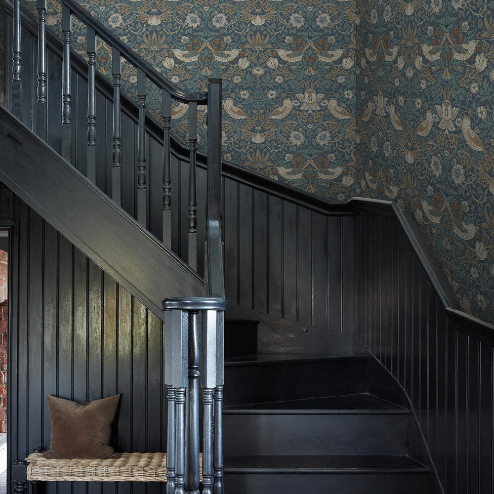 140503 - Strawberry Thief Wallpaper - Washed Blue - William Morris