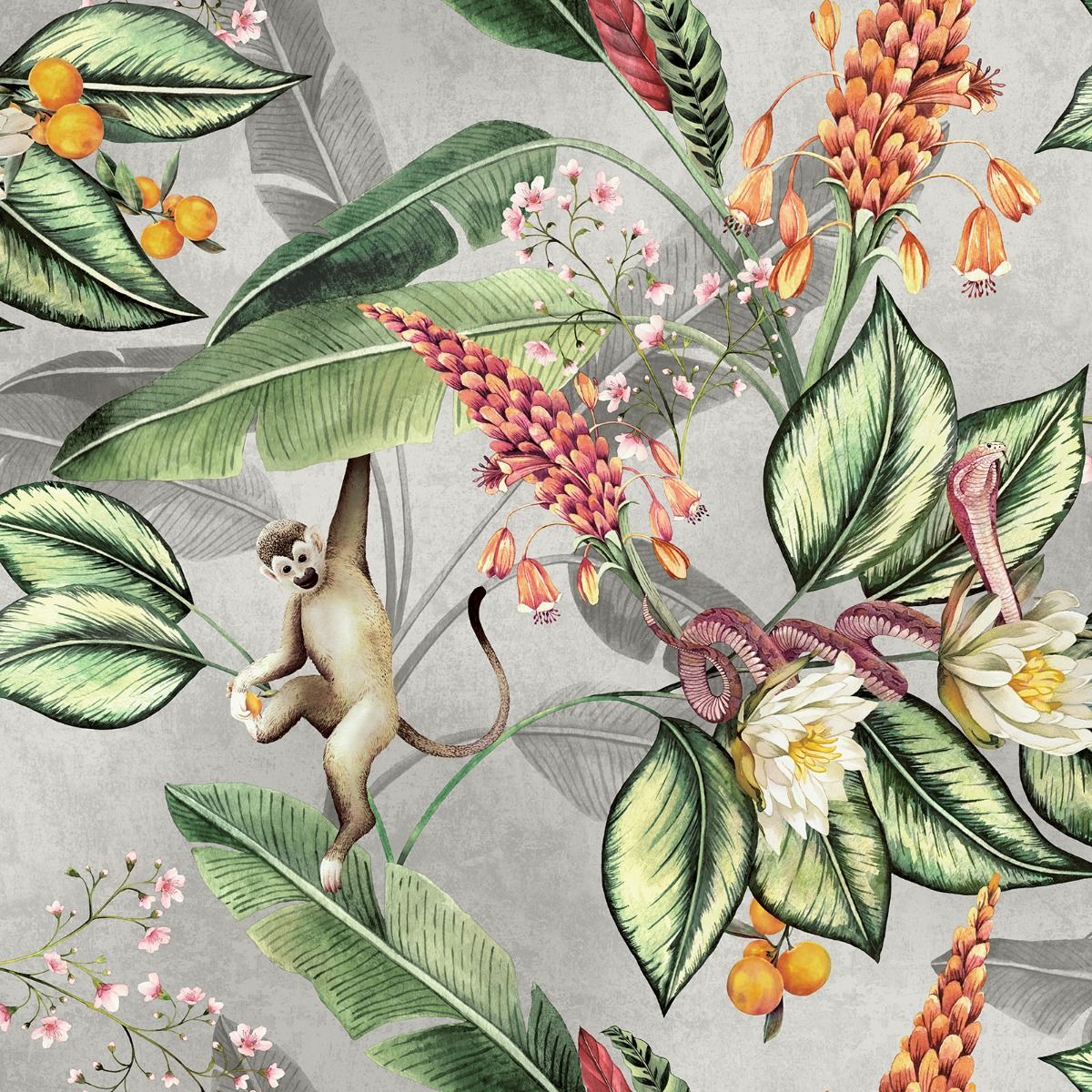 5500 - Animal Garden Floral Wallpaper - Grey - Belgravia