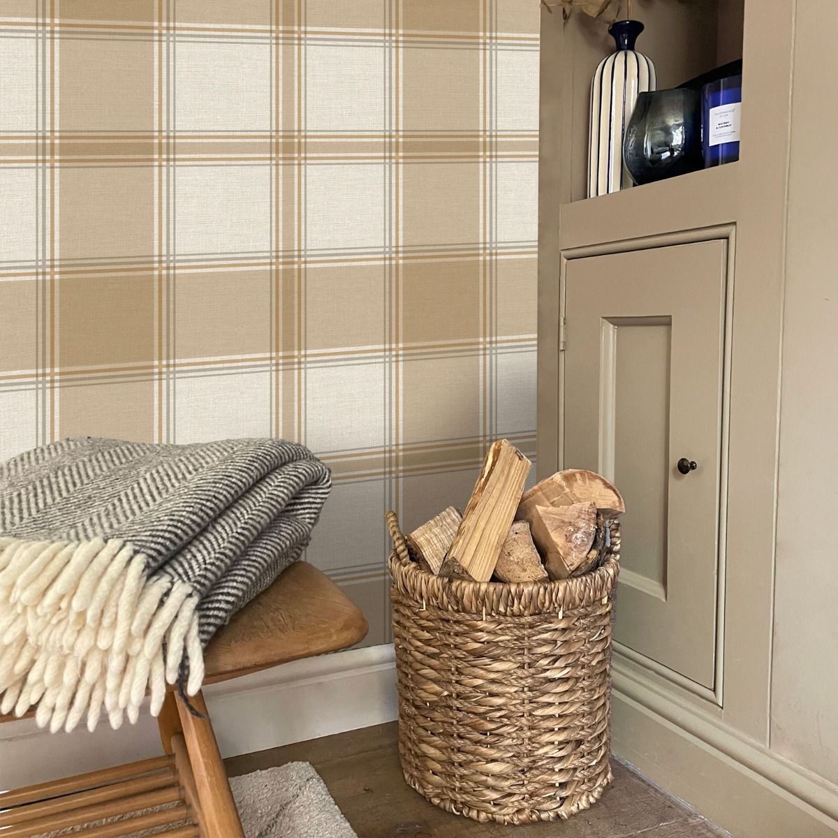 7158 - Carmella Check Textured Vinyl Wallpaper - Sand - Belgravia