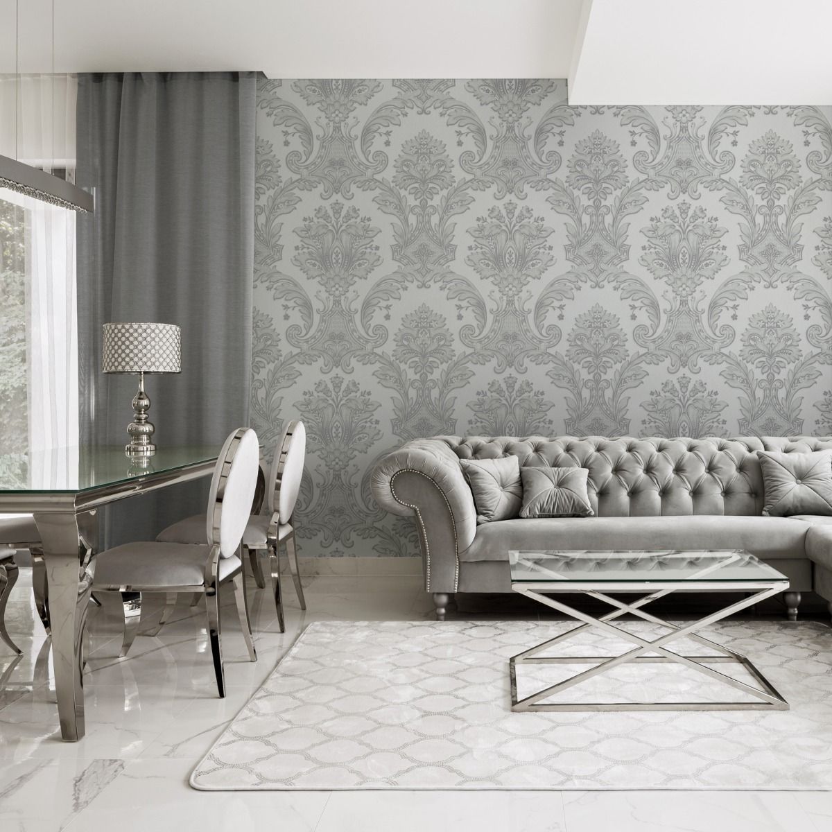 7370 - Amara Damask Wallpaper - Silver - Belgravia