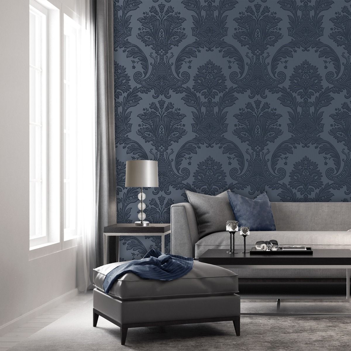 7371 - Amara Damask Wallpaper - Dark Blue - Belgravia