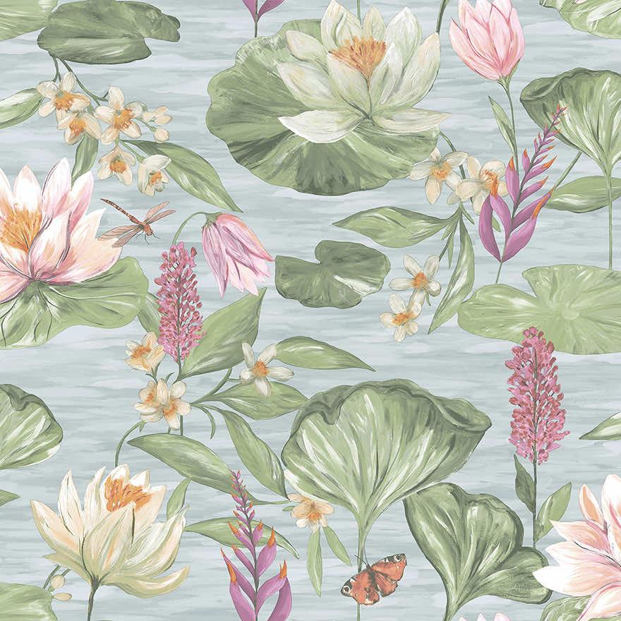 91640 - Water Lily Wallpaper - Blue - Holden Decor