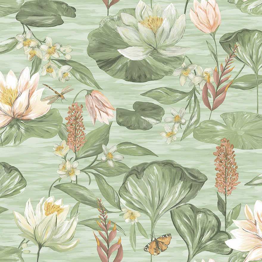 91641 - Water Lily Wallpaper - Green - Holden Decor
