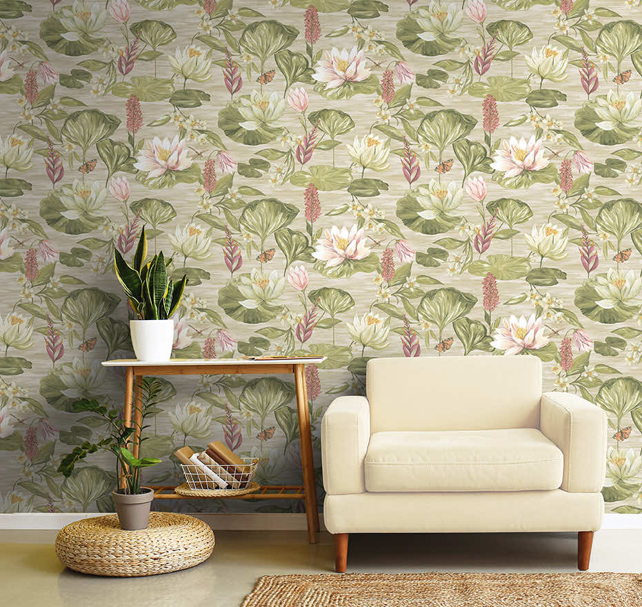 91642 - Water Lily Wallpaper - Beige - Holden Decor