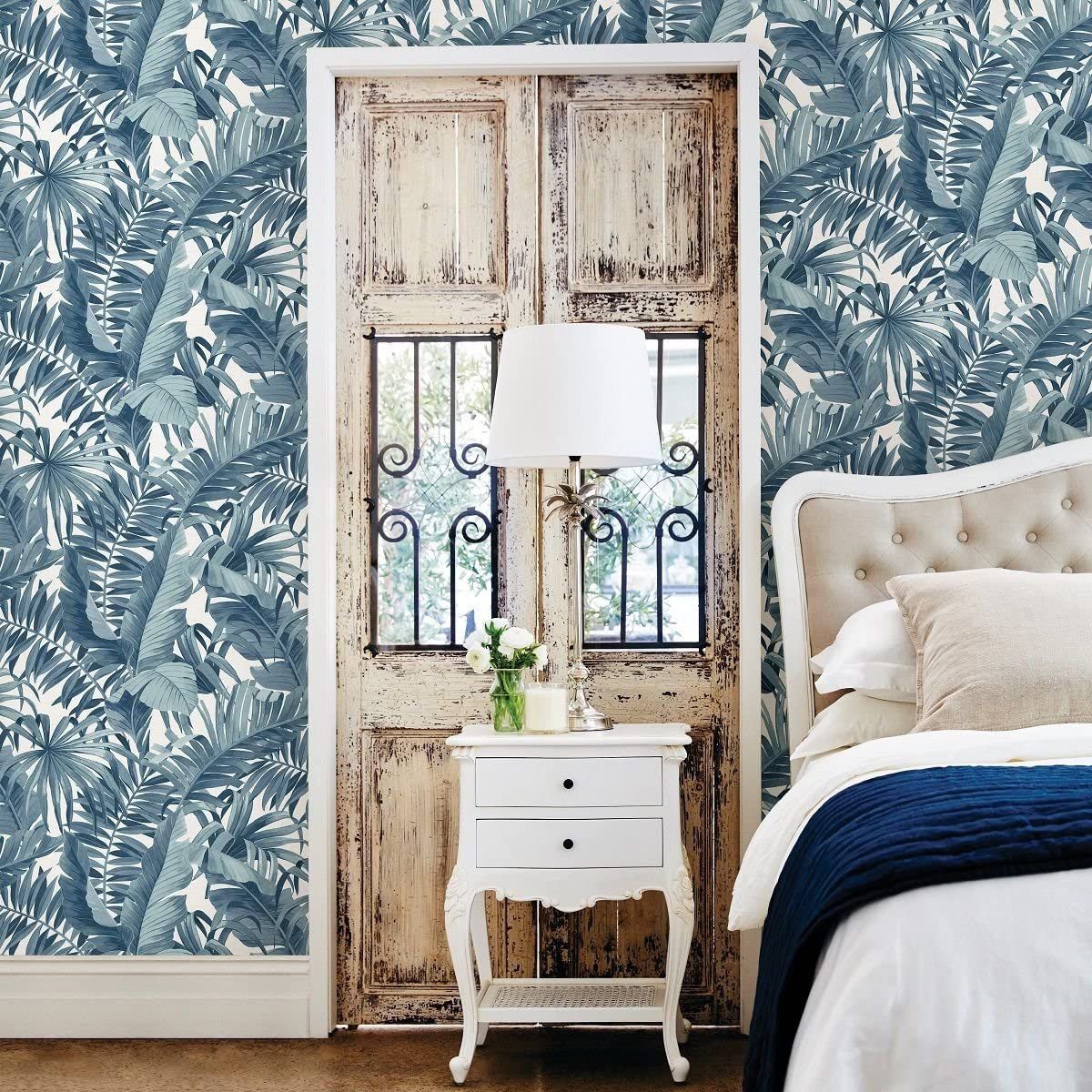 A-Street Prints Solstice Palm Leaf Wallpaper - Blue - Fine Decor