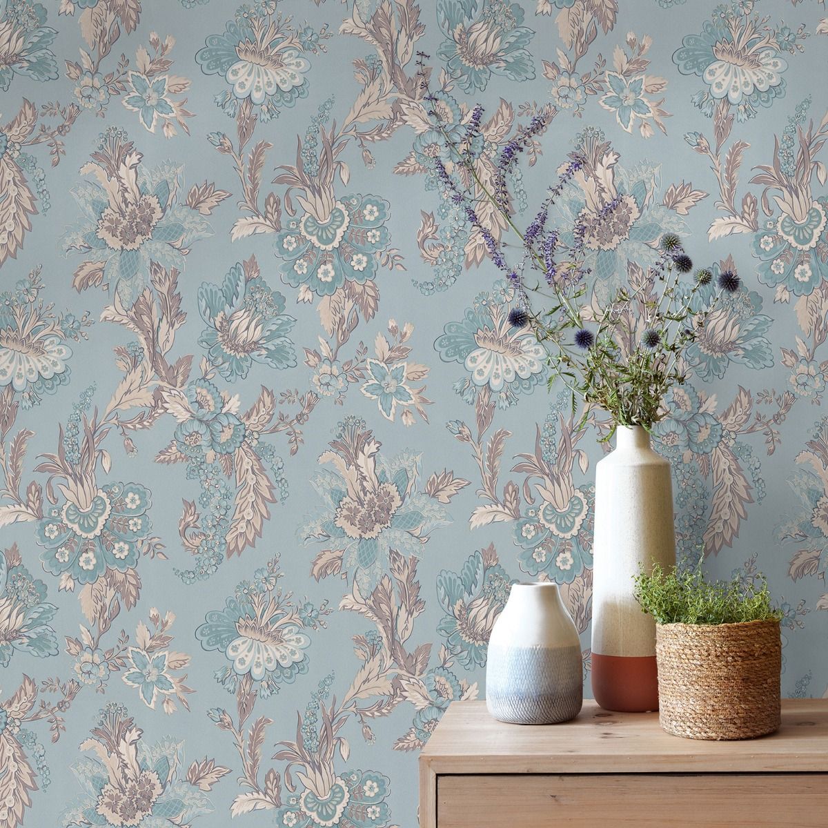 Abode Edward Floral Damask Wallpaper - Duck Egg - Erismann