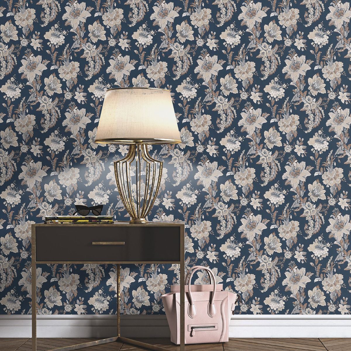 Abode Edward Floral Damask Wallpaper - Navy - Erismann