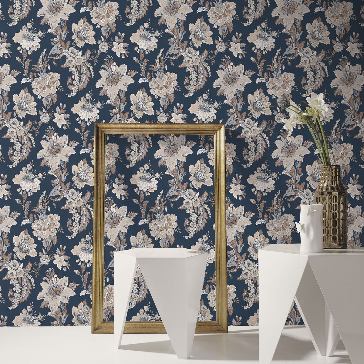Abode Edward Floral Damask Wallpaper - Navy - Erismann