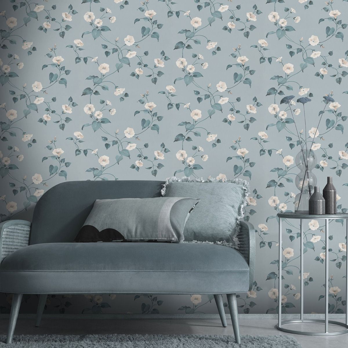 Abode Laura Floral Trail Wallpaper - Duck Egg / Cream - Erismann