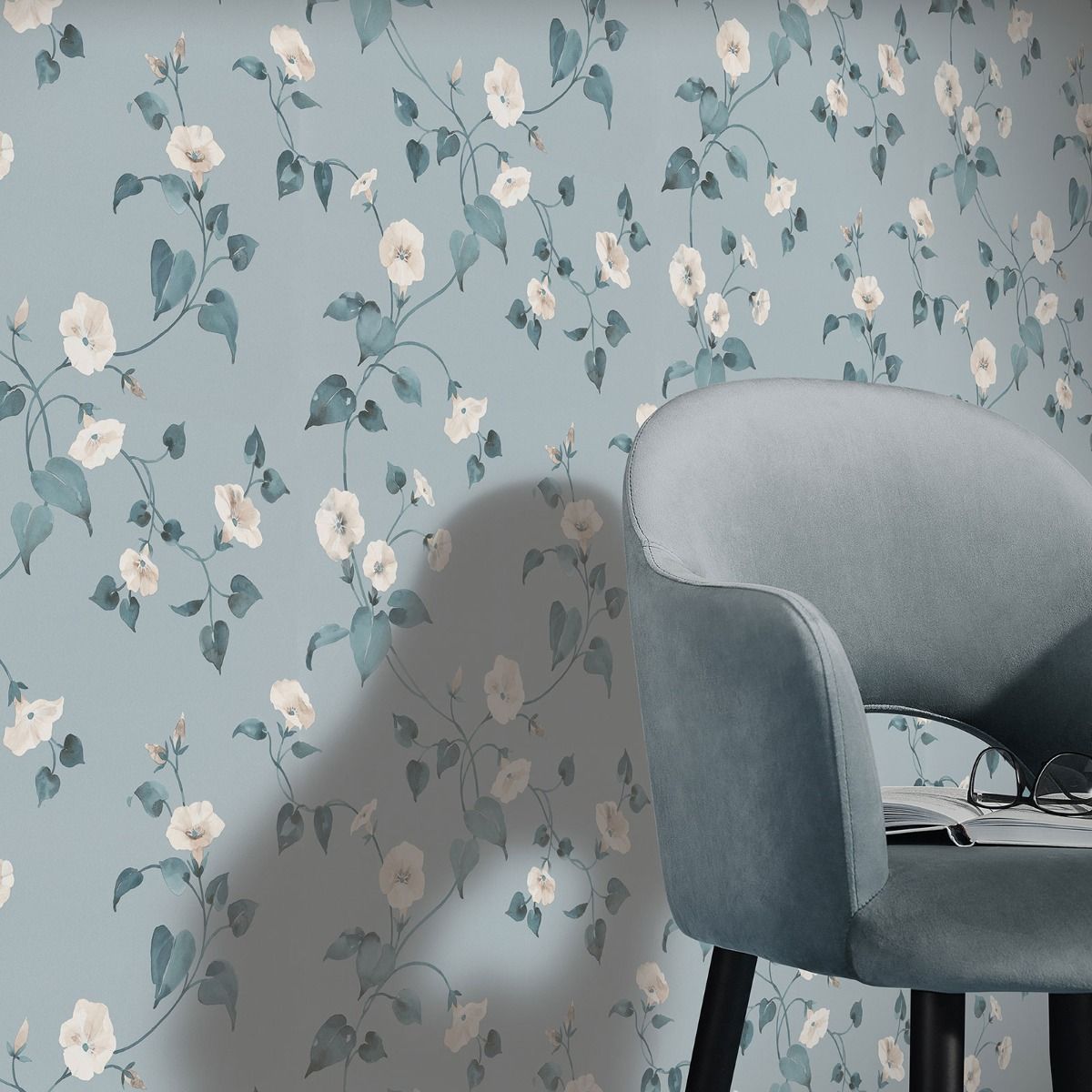 Abode Laura Floral Trail Wallpaper - Duck Egg / Cream - Erismann