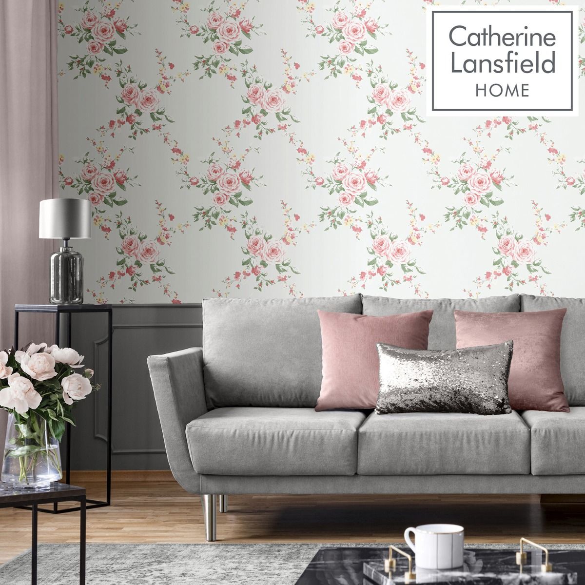 Canterbury Floral Wallpaper - Red/Grey - Muriva