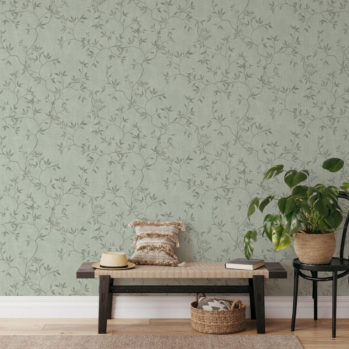 Darcy James Collection Japandi Leaf Wallpaper - Green - Muriva
