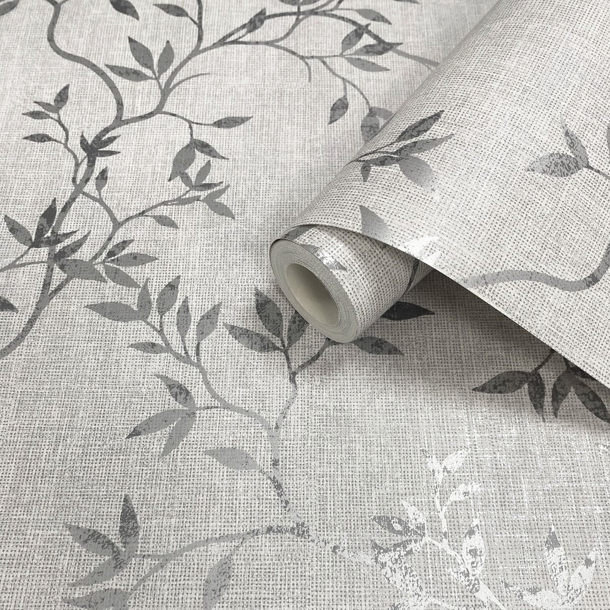 Darcy James Collection Japandi Leaf Wallpaper - Grey - Muriva