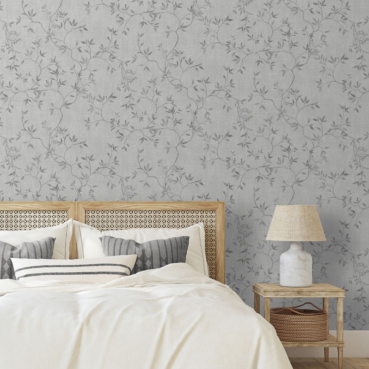 Darcy James Collection Japandi Leaf Wallpaper - Grey - Muriva
