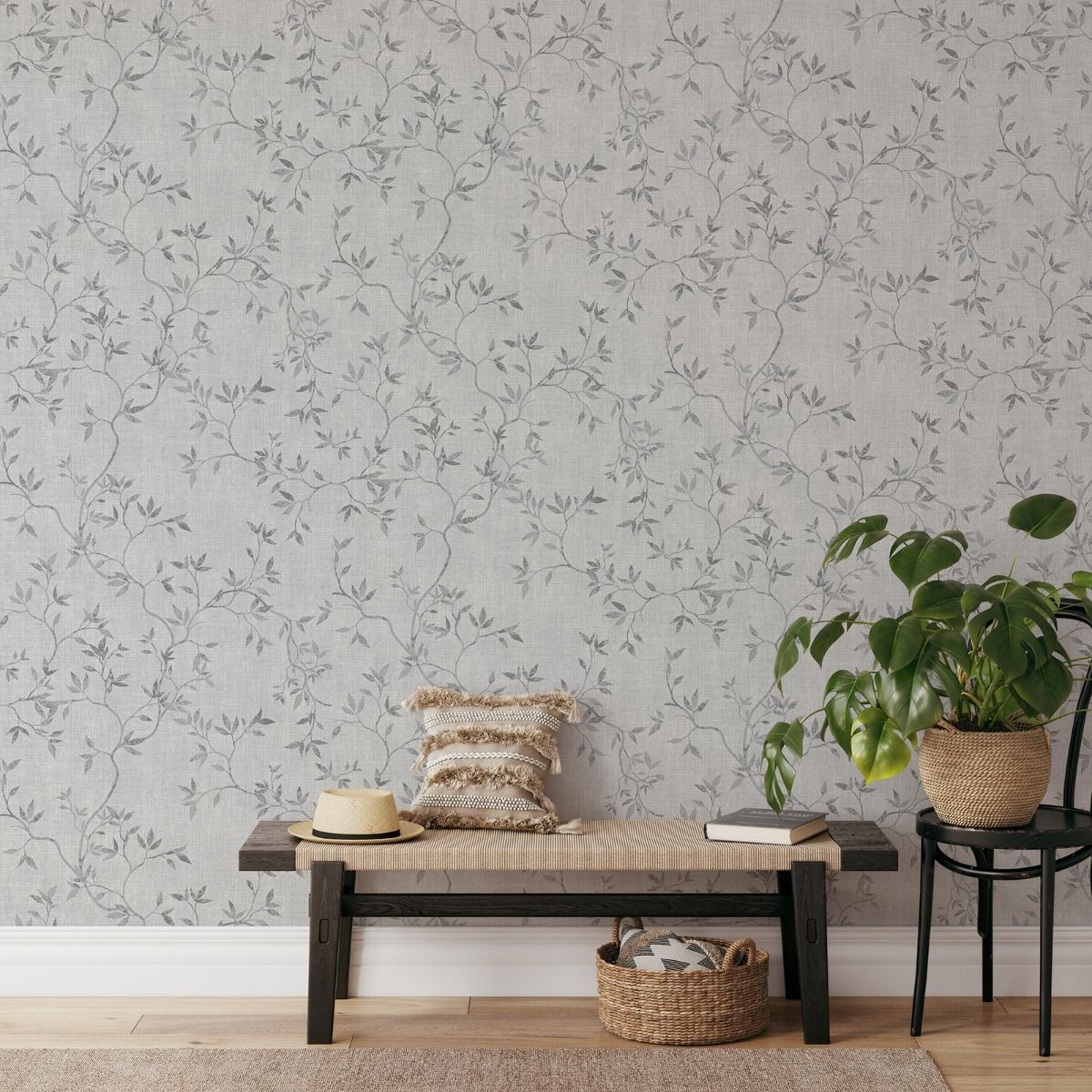 Darcy James Collection Japandi Leaf Wallpaper - Grey - Muriva