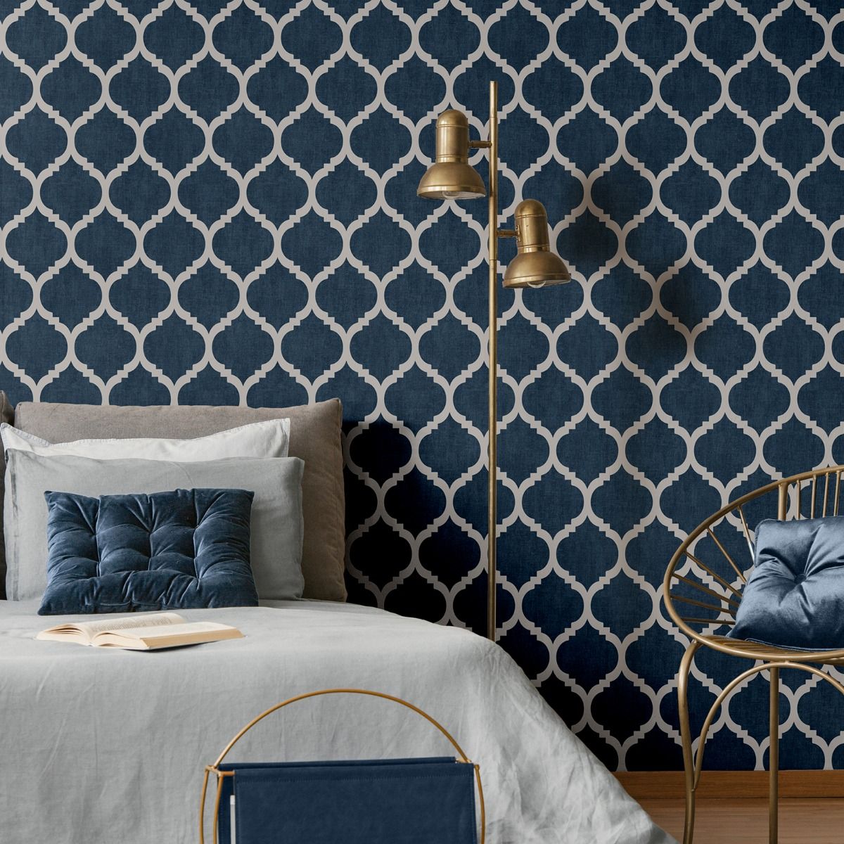 Darcy James Collection Zara Trellis Wallpaper - Blue/Silver - Muriva