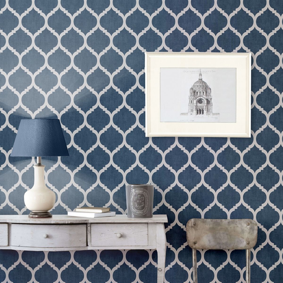 Darcy James Collection Zara Trellis Wallpaper - Blue/Silver - Muriva