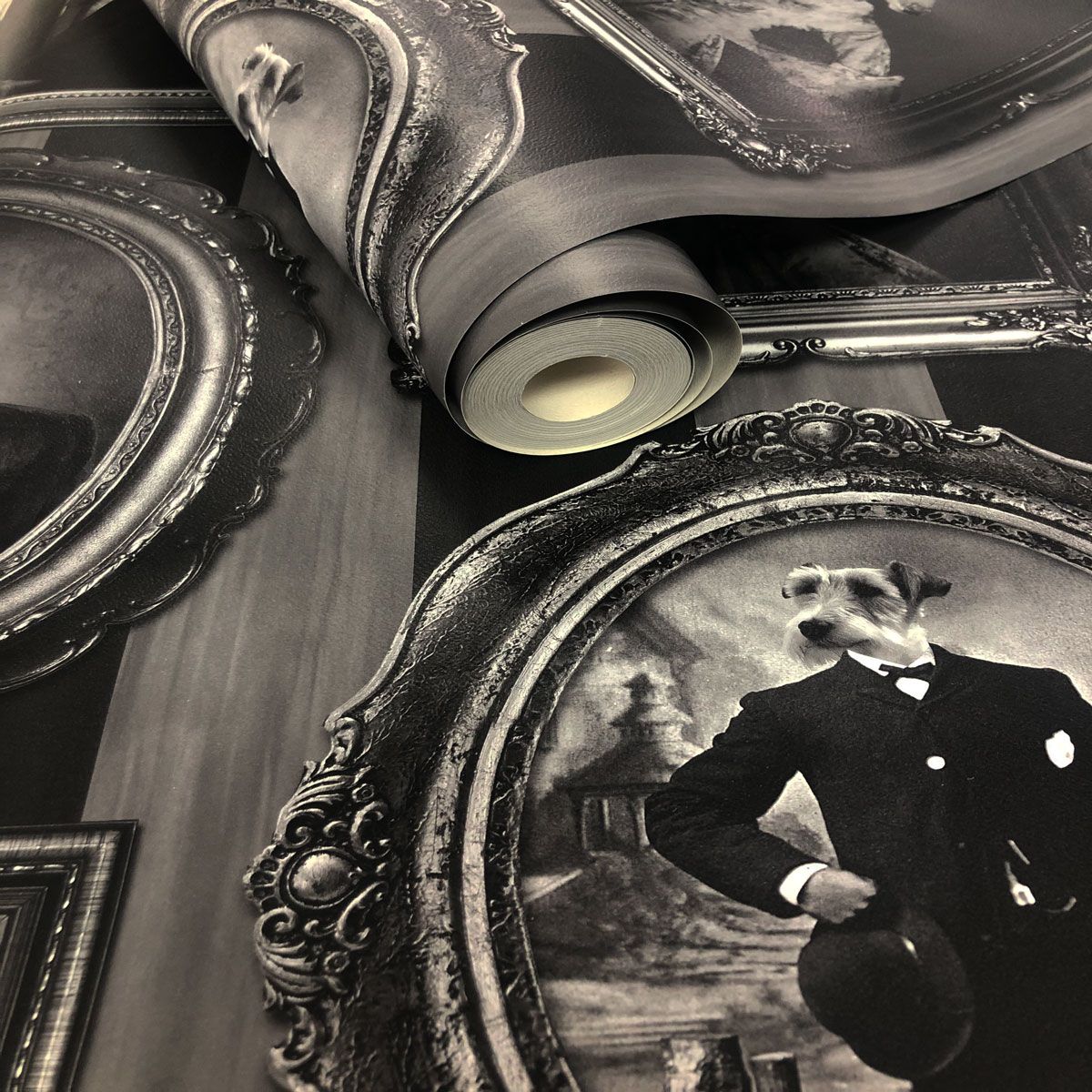 Dogs in Frames Wallpaper - Black - Muriva