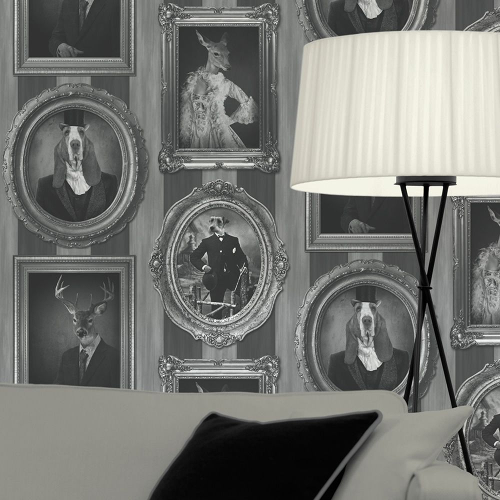Dogs in Frames Wallpaper - Black - Muriva