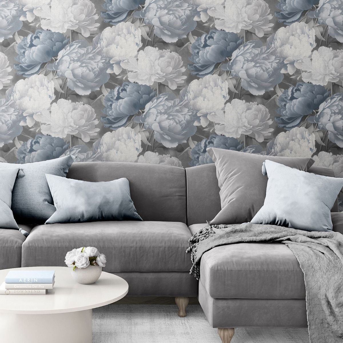 Doretta Floral Textured Vinyl Wallpaper - Blue - Muriva