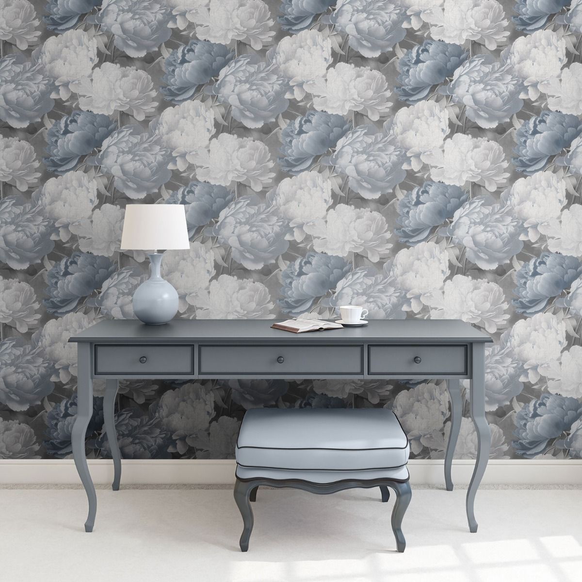 Doretta Floral Textured Vinyl Wallpaper - Blue - Muriva