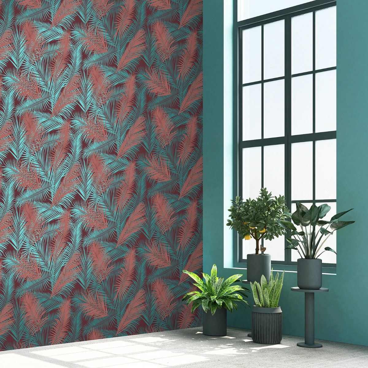 Eden Ilana Leaf Wallpaper - Claret & Teal - Muriva