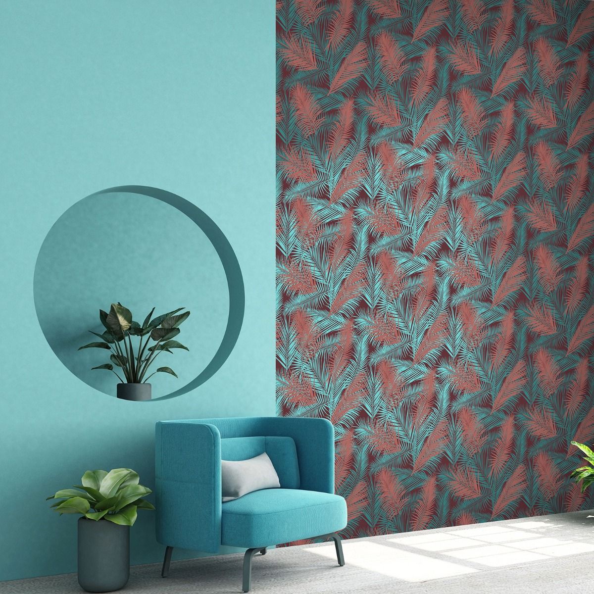 Eden Ilana Leaf Wallpaper - Claret & Teal - Muriva
