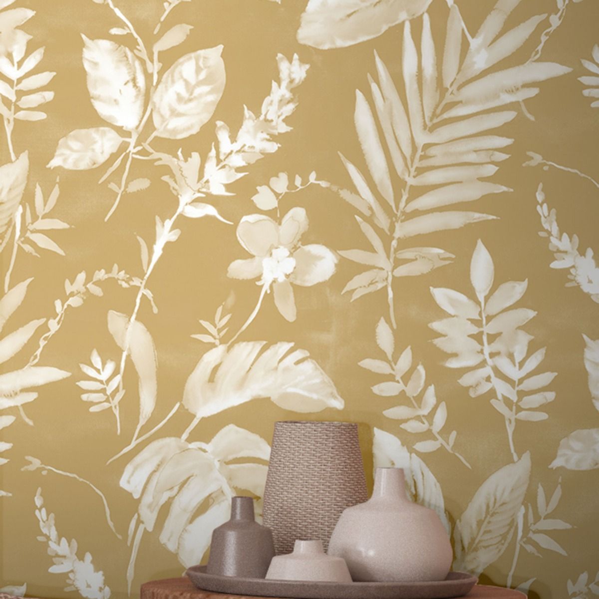 Eden Tane Leaf Wallpaper - Mustard - Muriva