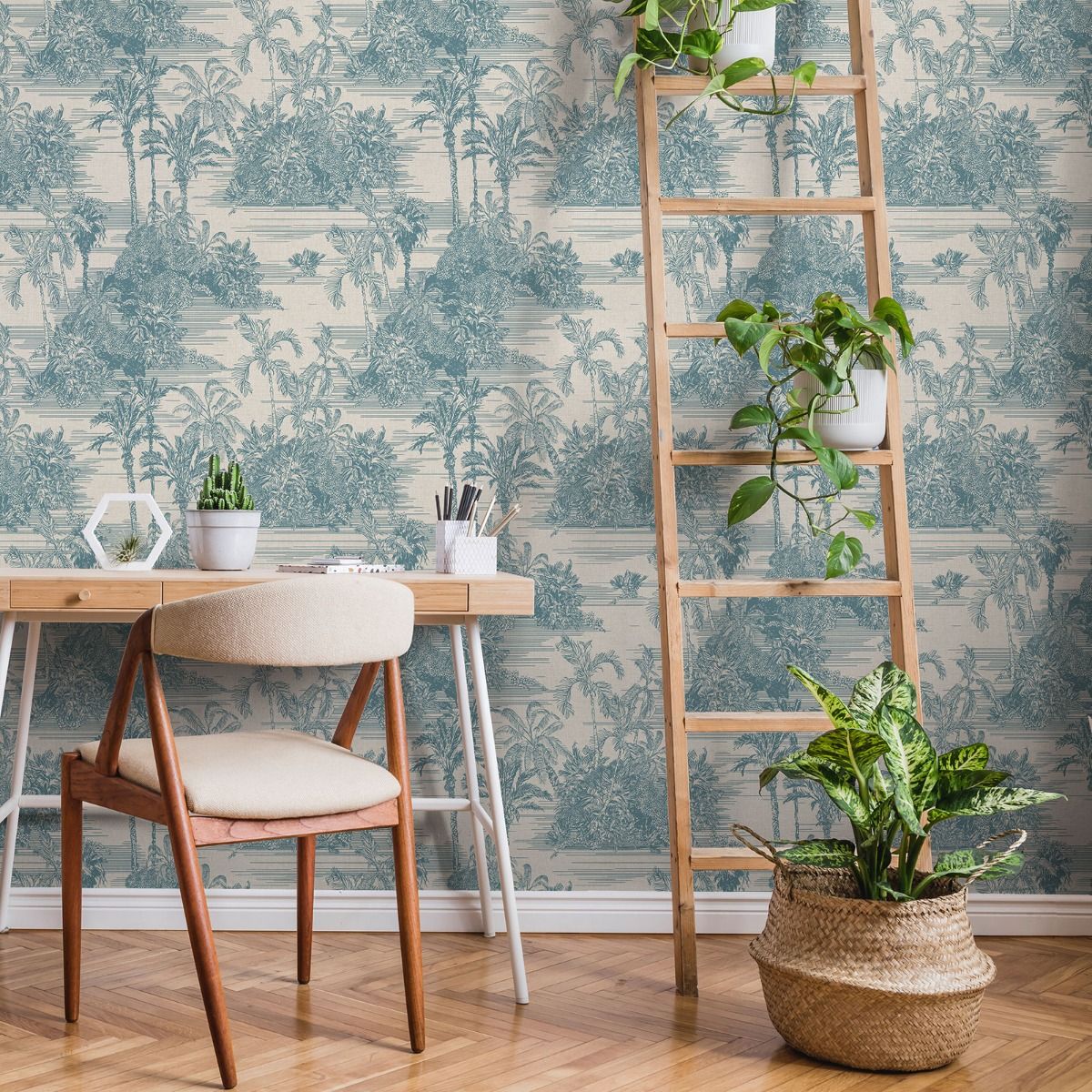 Eden Tropical Toile Wallpaper - Blue - Muriva
