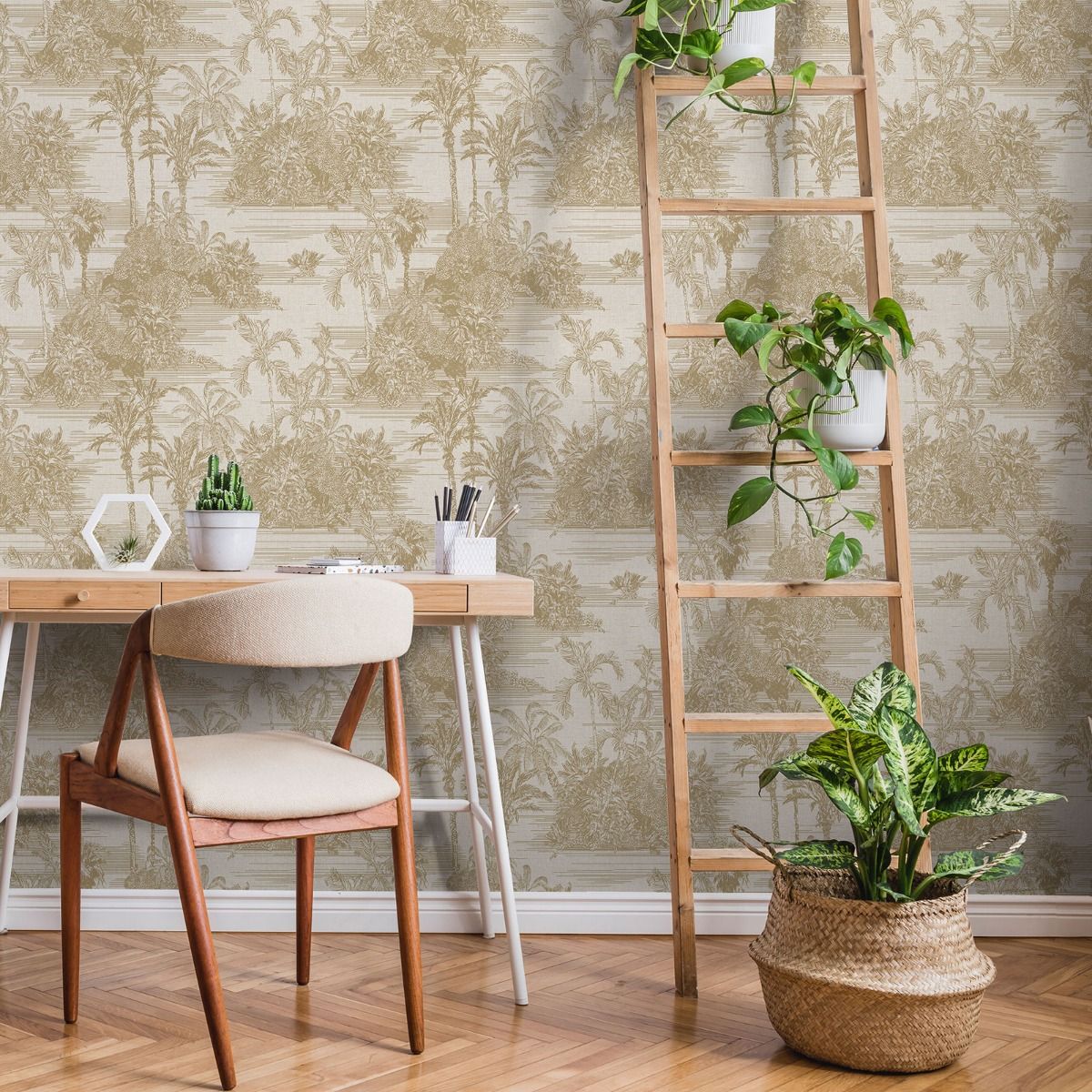Eden Tropical Toile Wallpaper - Gold - Muriva