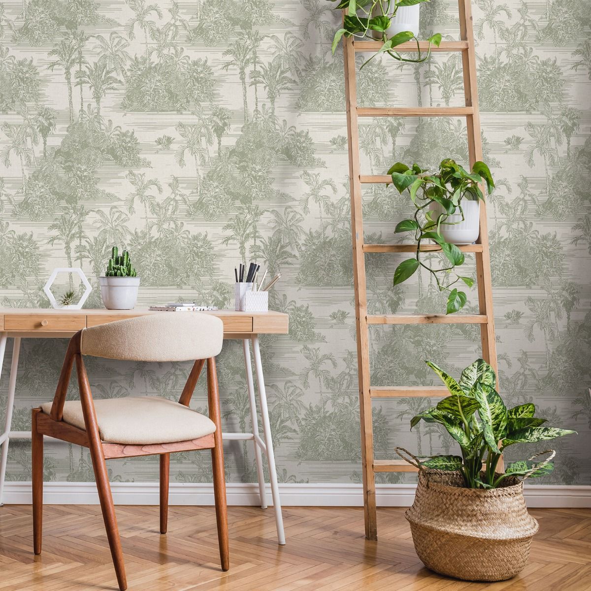 Eden Tropical Toile Wallpaper - Olive - Muriva