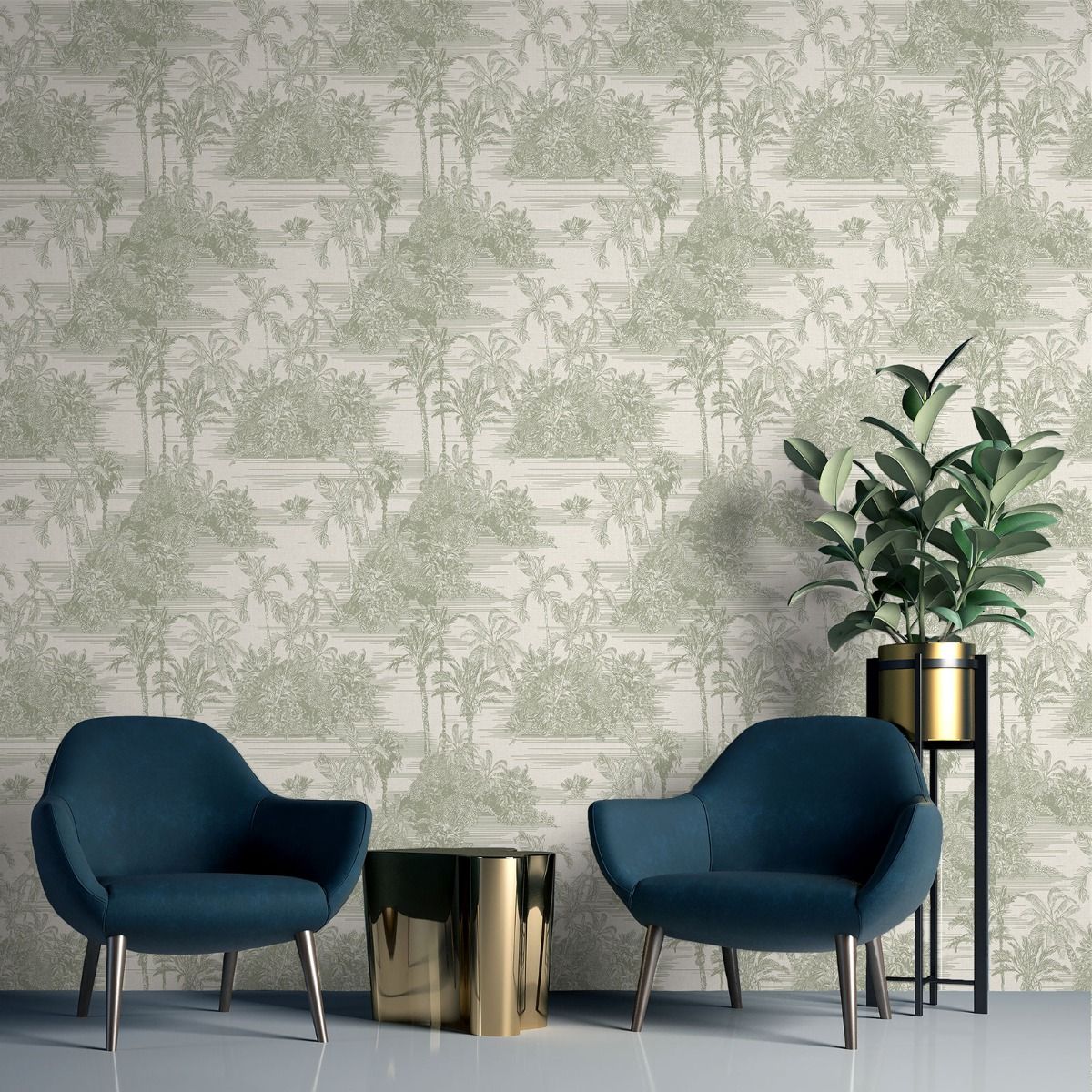 Eden Tropical Toile Wallpaper - Olive - Muriva