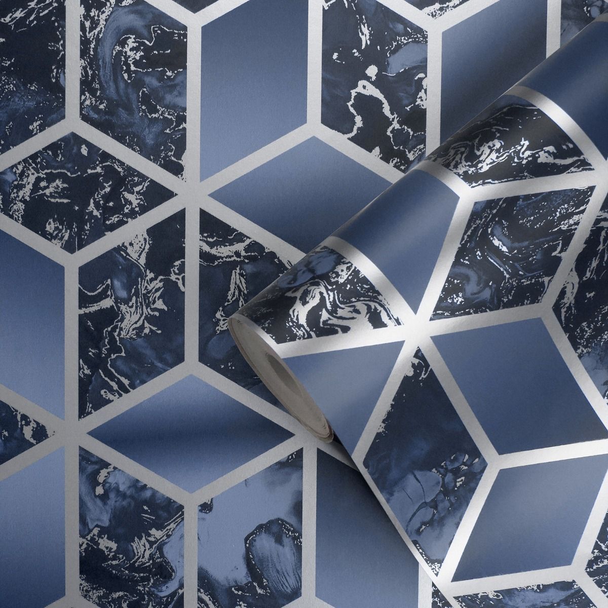 Elixir Cube Marble Wallpaper - Navy / Silver - Muriva