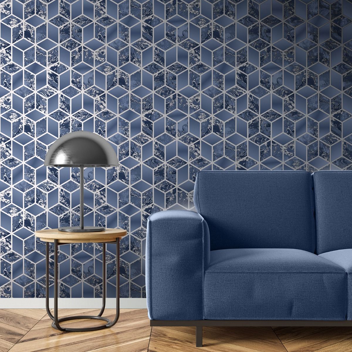 Elixir Cube Marble Wallpaper - Navy / Silver - Muriva