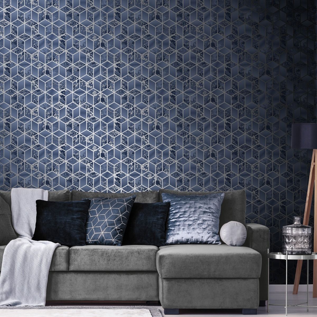 Elixir Cube Marble Wallpaper - Navy / Silver - Muriva