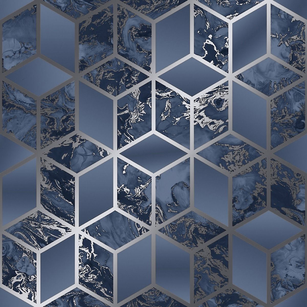 Elixir Cube Marble Wallpaper - Navy / Silver - Muriva